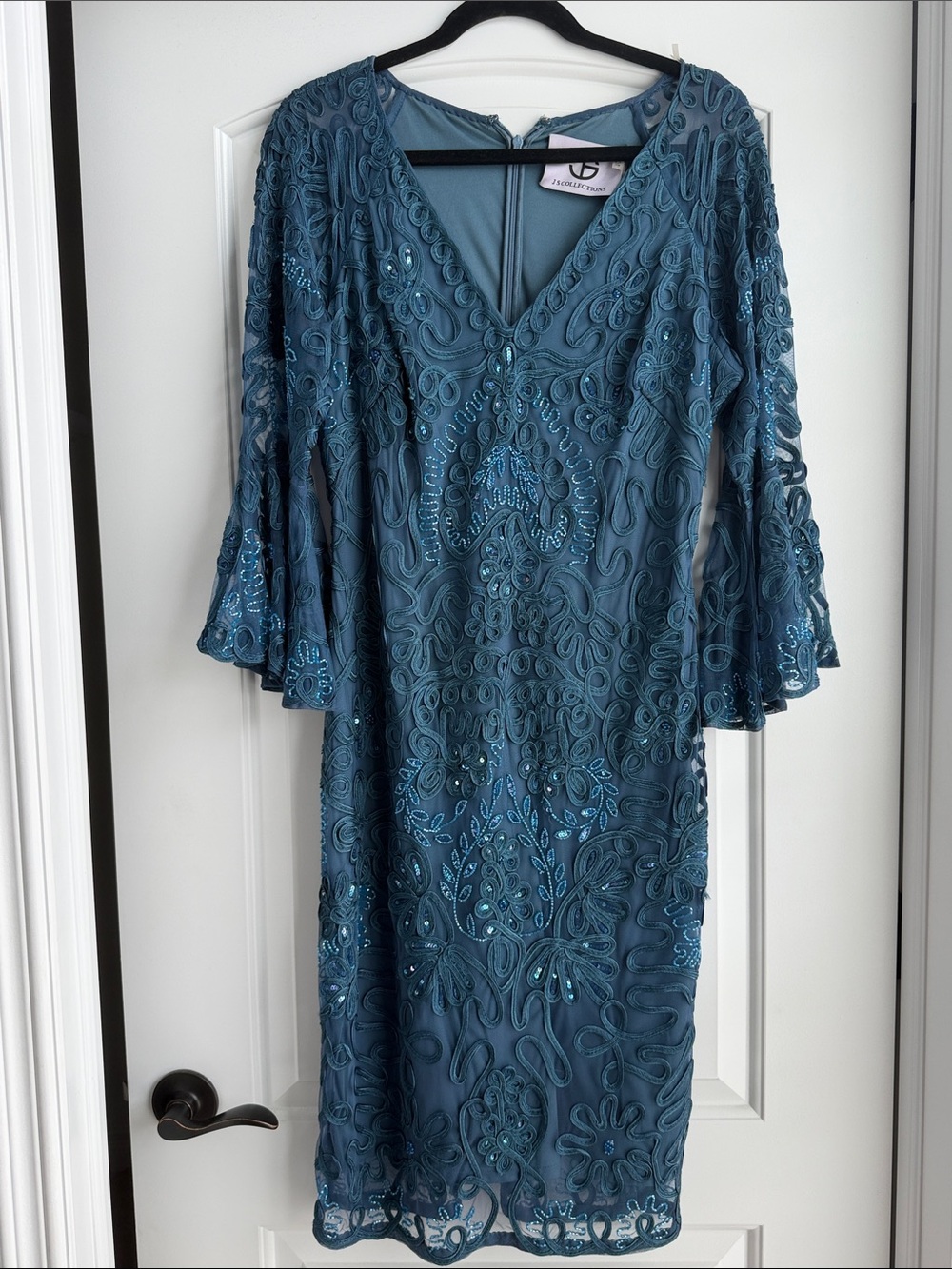 JS Collections Turquoise Blue Bodycon Dress with V-Neck and Bell Sleeves, beaded